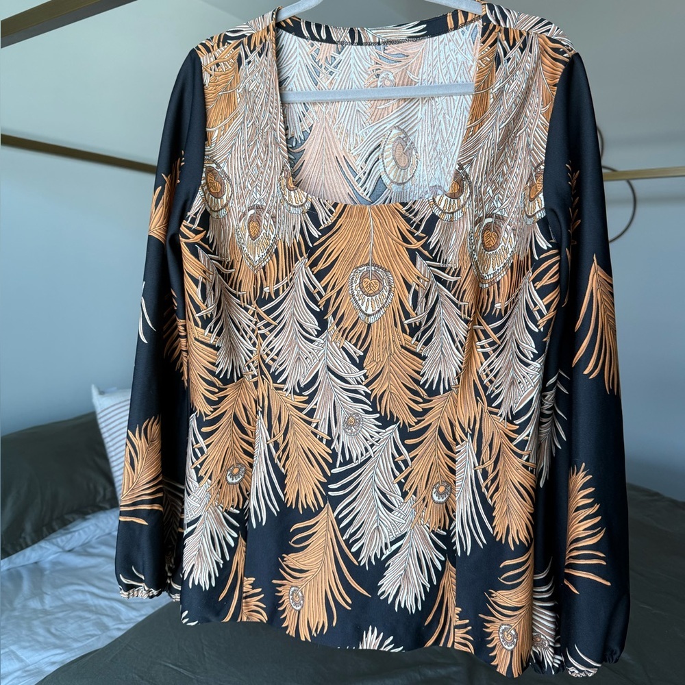 Vintage 70s Peacock Feather Blouse | Balloon Sleeves + Square Neck 1 of 1 Sz M/L